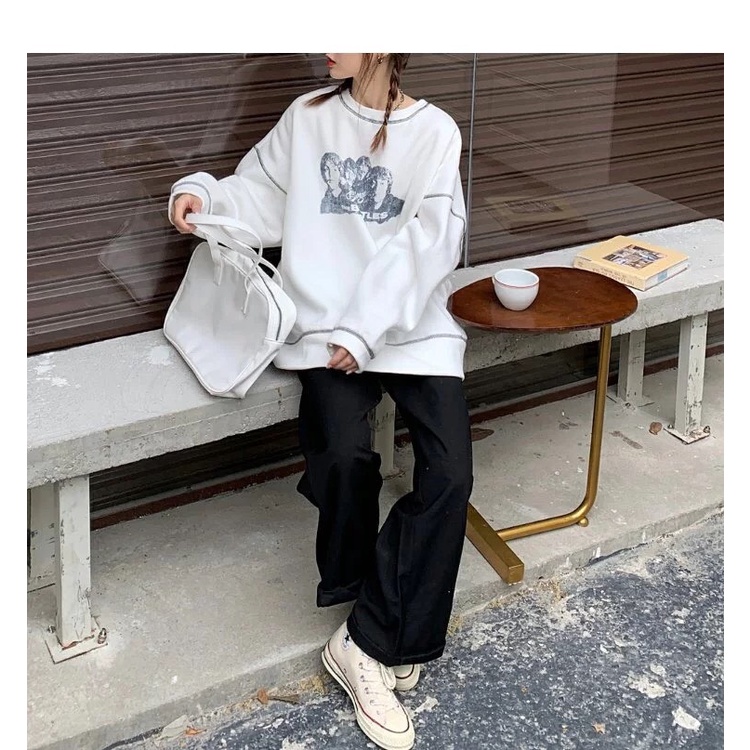 Áo hoodie form rộng không mũ tay dài họa tiết chỉ nổi in hình The Beatles dáng unisex 1st clothes | BigBuy360 - bigbuy360.vn