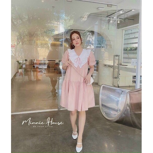 ( MIỄN PHÍ SHIP 2022) Đầm babydoll màu hồng phấn, đầm hồng tay ngắn phối cổ trắng bèo cột dây tiểu thư dễ thương