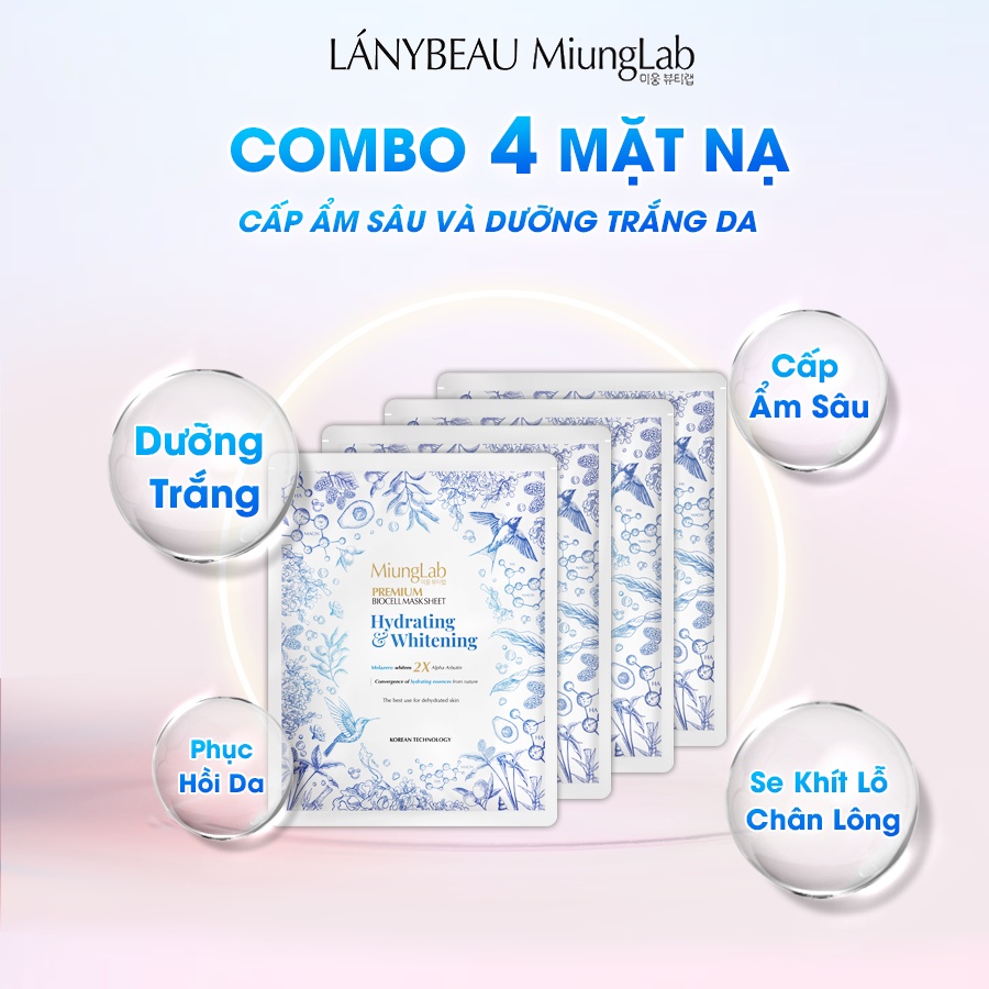 Combo 4 Mặt Nạ cấp ẩm và dưỡng trắng da LÁNYBEAU MiungLab Premium Hydrating & Whitening Biocell Mask Sheet 4x25g