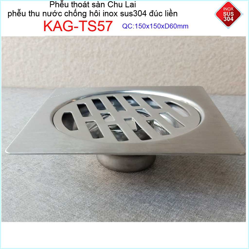 Phễu thoát sàn Chu Lai 15x15cm KAG-TS57-D60, Thoát sàn chống hôi ống 6cm SUS304 inox đúc dày thoát nhanh chặn tóc tốt