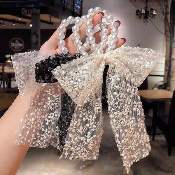 Dây cột tóc phối nơ ren đính ngọc trai nhân tạo phong cách Hàn Quốc xinh xắn