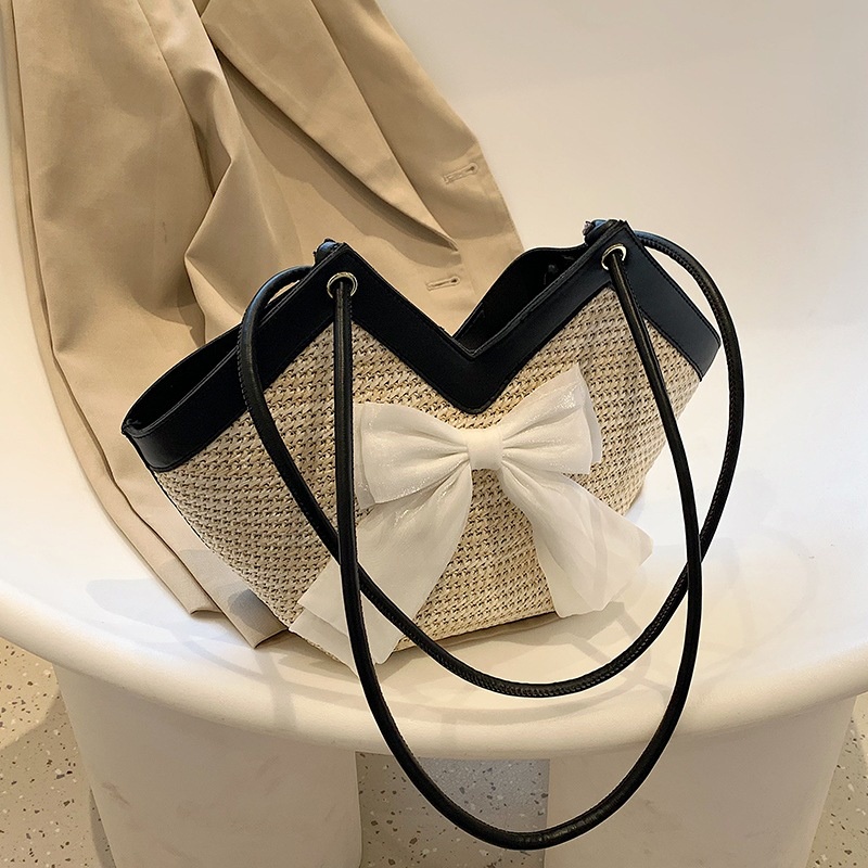 Túi đeo vai Ielgy đan sợi đính nơ sức chứa lớn thời trang cho nữ