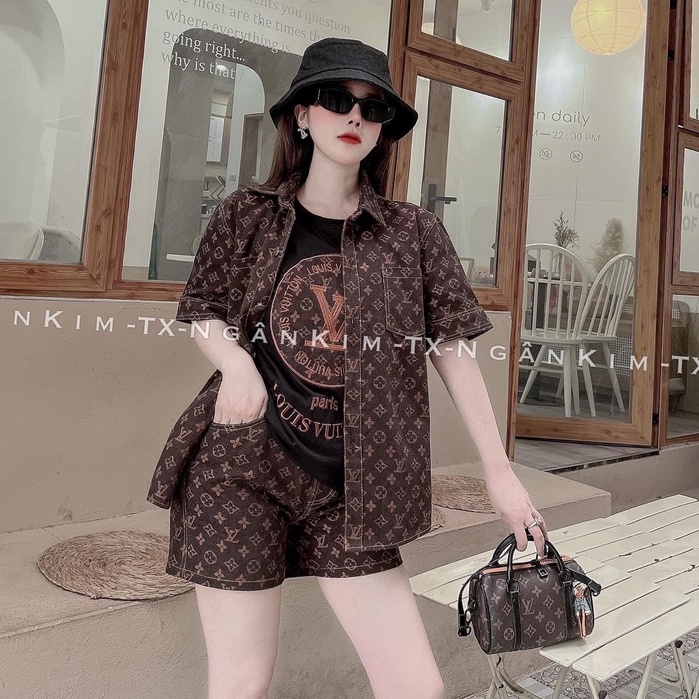 Set sơ mi 3 món họa tiết chữ thêu đáp nổi mix quần short đùi NN186