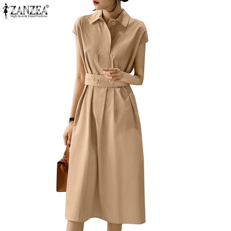 Đầm midi ZANZEA ngắn tay cổ bẻ phối thắt lưng có thể tháo rời thanh lịch thời trang cho nữ