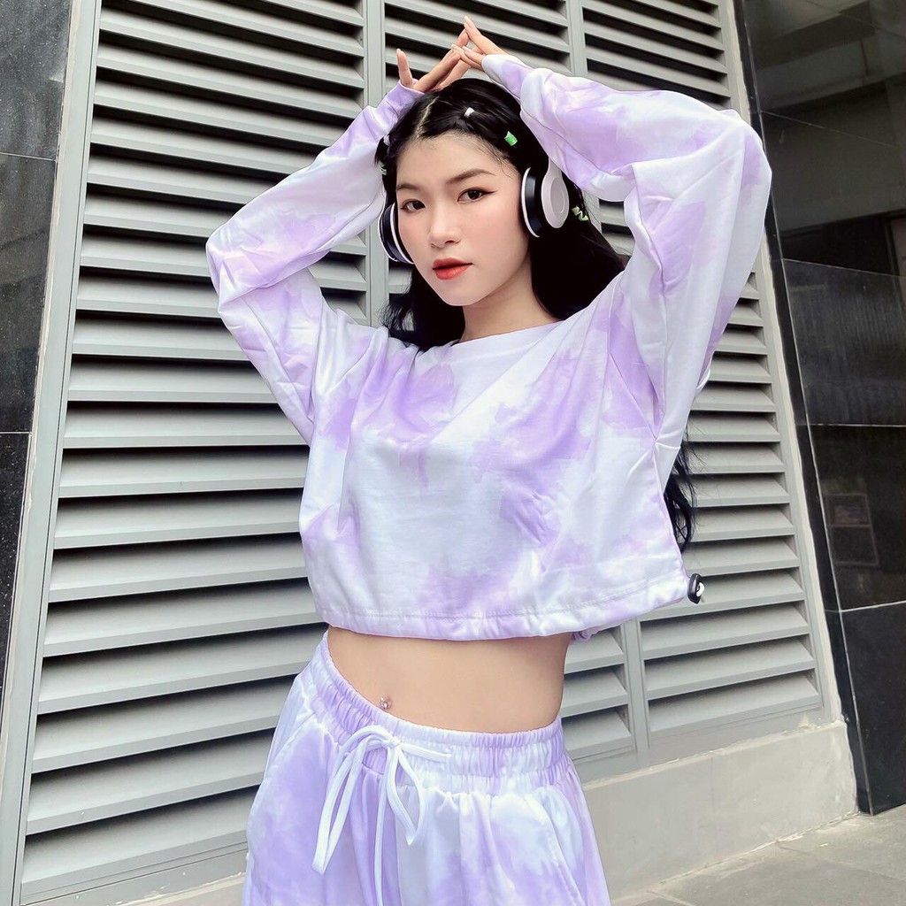 Áo Croptop Loang Màu 3D Ulzzang Rút Dây Tay Dài Dáng Rộng - MM
