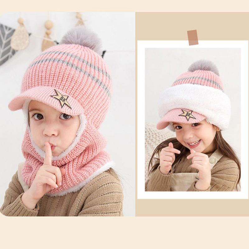 Mũ Beanie Dệt Kim Lót Lông Cừu Giữ Ấm Tai Kèm Khăn Choàng Cổ Giữ Ấm Mùa Đông Dành Cho Bé Trai Gái