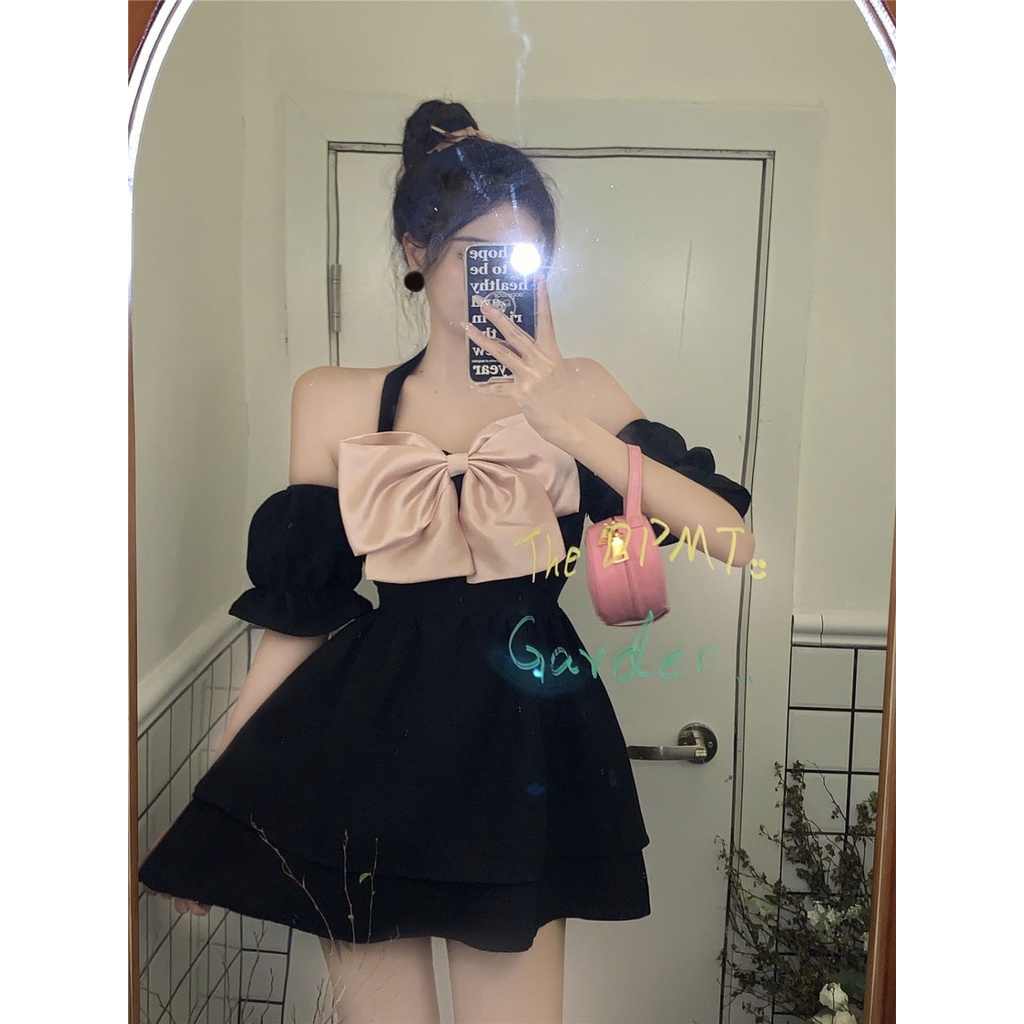 Đầm Trễ Vai Tay Phồng Cổ Thắt Nơ Eo Cao Phong Cách Pháp Ngọt Ngào