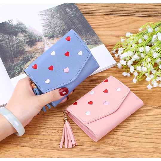 VÍ BÓP NỮ MINI THÊU TIM TUA RUA