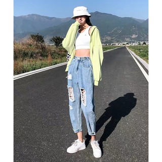 SIÊU PHẨM Quần baggy nữ BIG SIZE lưng cao, rách bụi, lai kiểu 3466 phom to