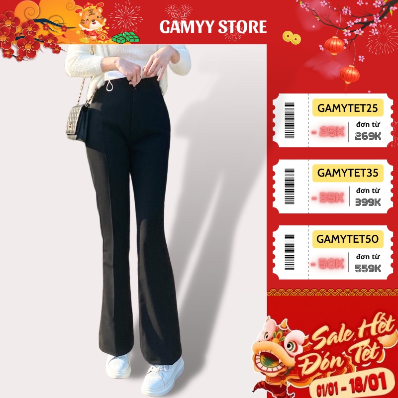 Quần ống loe Gamyy cạp cao chất liệu tuyết mưa 2 khuy tôn dáng kéo dài chân