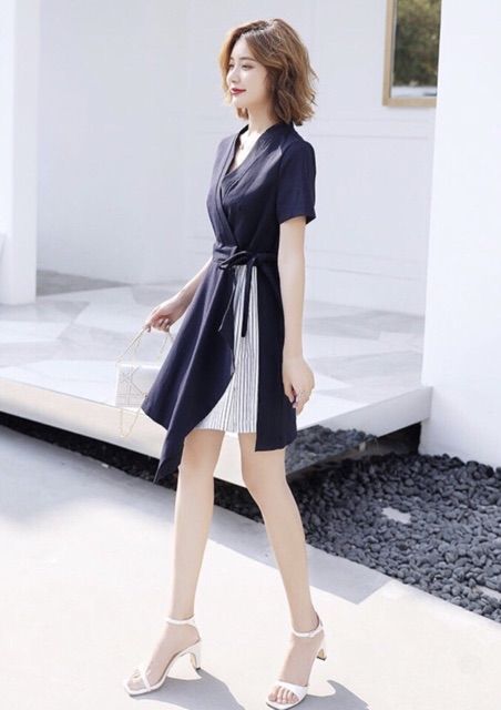 Đầm Nữ Xanh Đen Cột Eo Phối Sọc