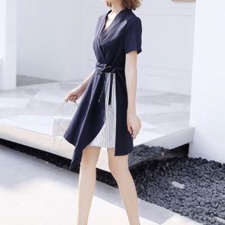 Đầm Nữ Xanh Đen Cột Eo Phối Sọc (KÈM ẢNH THẬT)