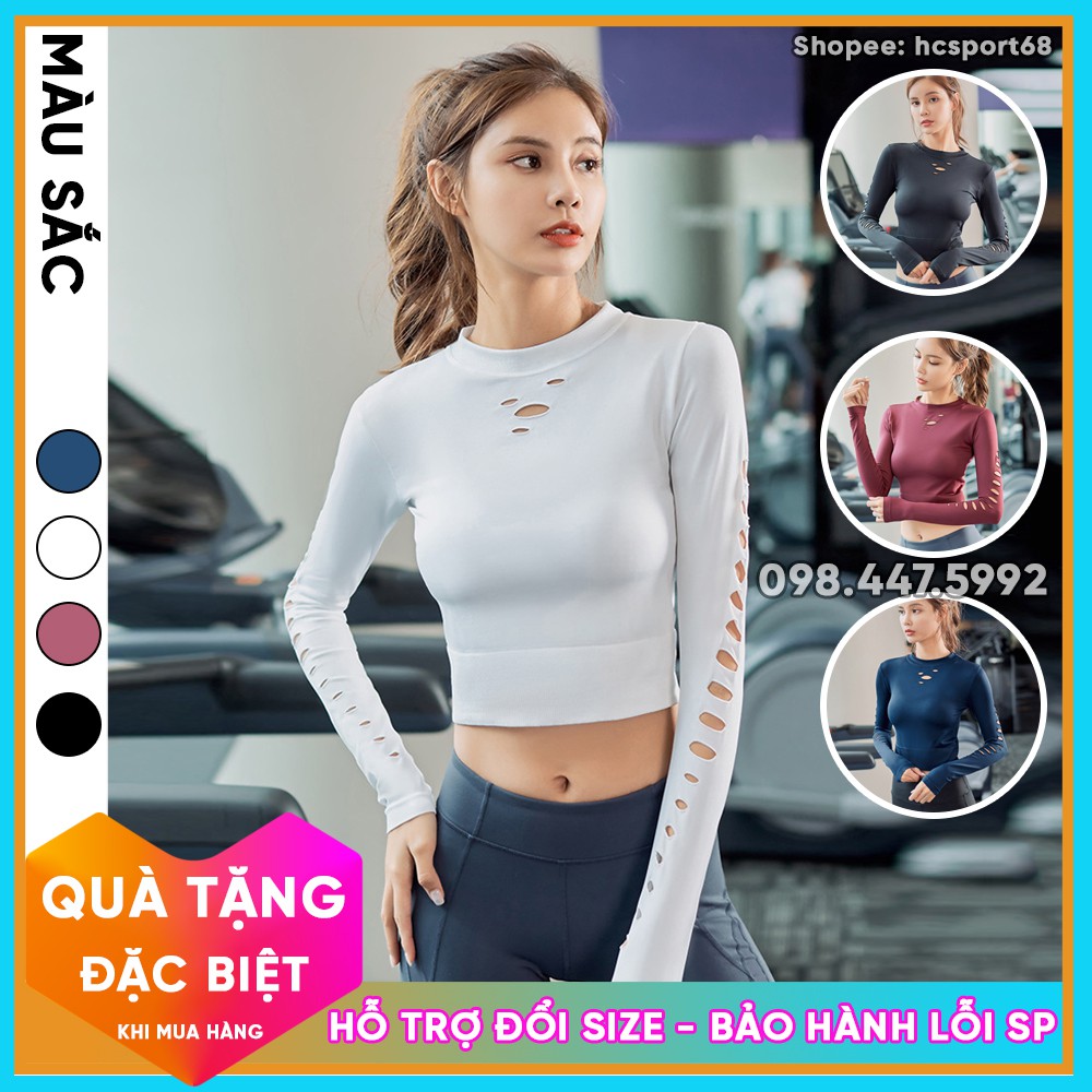 Áo Croptop Dài Tay AD06 Tập Gym, Yoga Nữ Họa Tiết Khoét Lỗ, Hàng Cao Cấp Chất Vải Cực Sịn