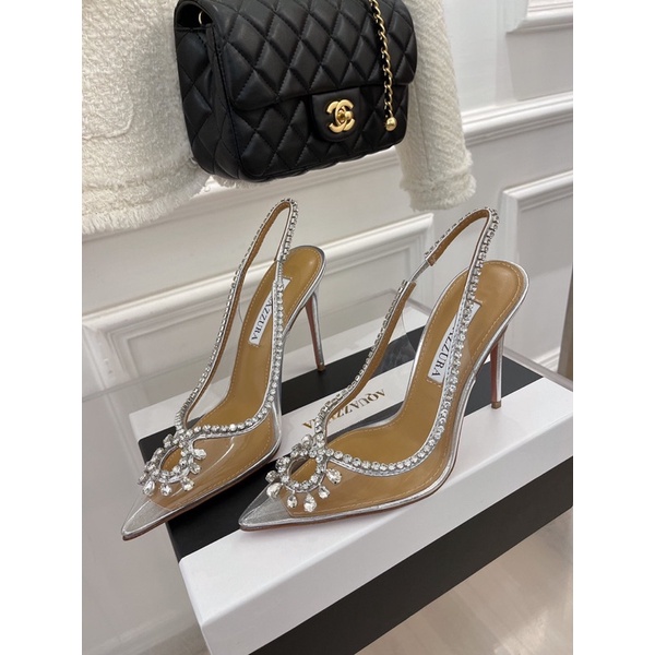 Giày cao gót mũi nhọn trong suốt có quai thương hiệu Aquazzura cao cấp