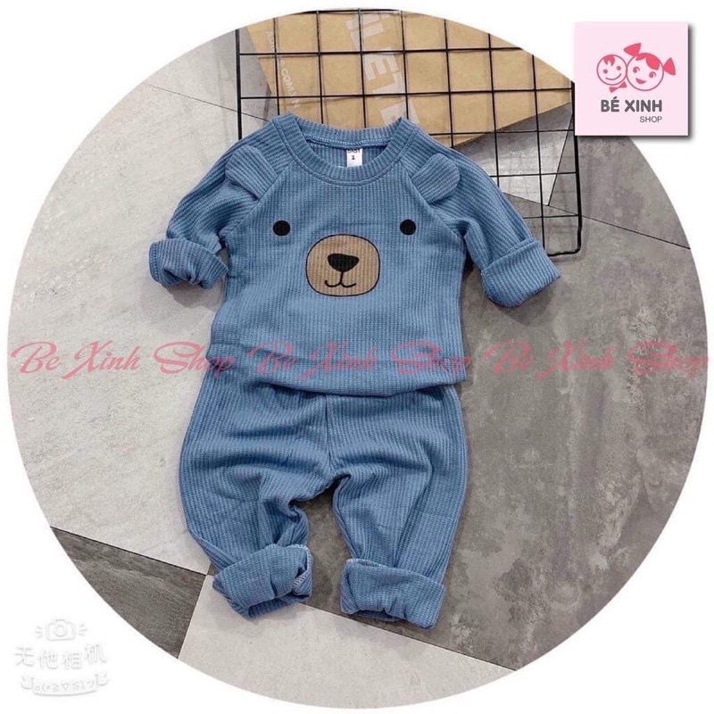 Bộ thu đông dài tay cho trẻ em 8-19kg, mẫu in mặt gấu chất gân tăm