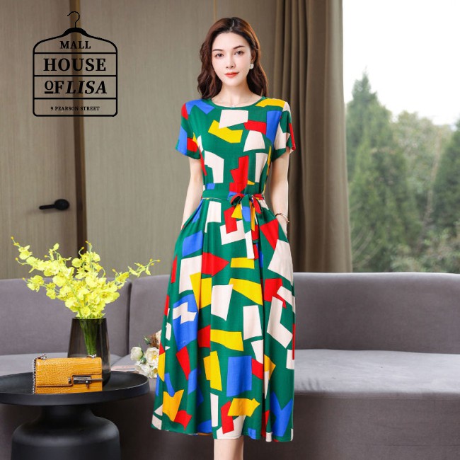 Flower Printed Bowknot Waist-slimming Long Skirt  Short-sleeved Dress Crew-neck Size Women Plus