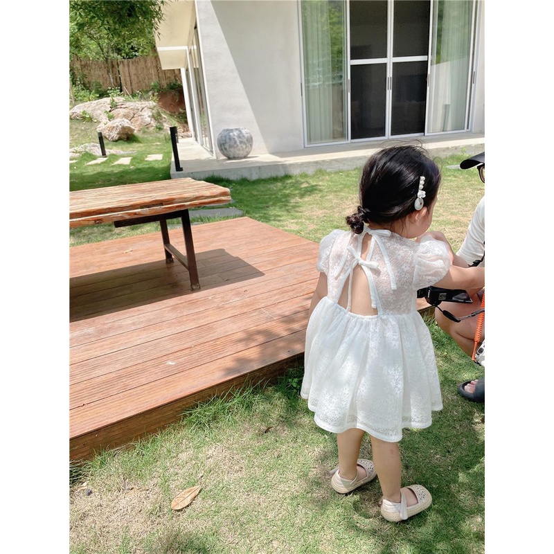 Đầm Công Chúa Tay Ngắn Phồng Màu Trắng Trơn Thời Trang Mùa Hè Hàn Quốc Mới Dành Cho Bạn Gái