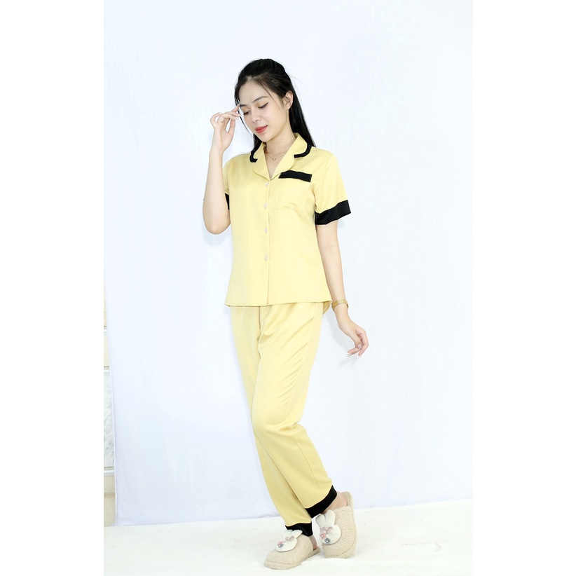 Bộ đồ bộ Pijama màu VÀNG CỔ SAU NHÚN BÈO  tay ngắn quần dài vải lụa tuyết co giãn nhẹ - Thoải Mái Nhẹ Nhàng