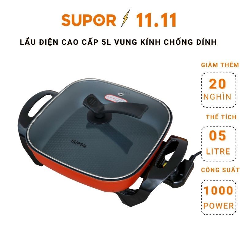 Lẩu điện cao cấp phủ men chống dính đa năng Supor vung kính bảo hành 12 tháng chính hãng H30FK802VN-136 5 lít