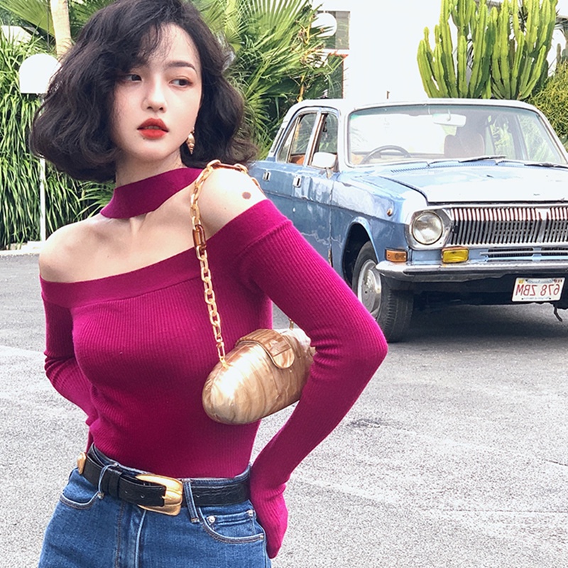 Áo dệt kim tay dài trễ vai dáng ôm thời trang mùa thu quyến rũ dành cho nữ