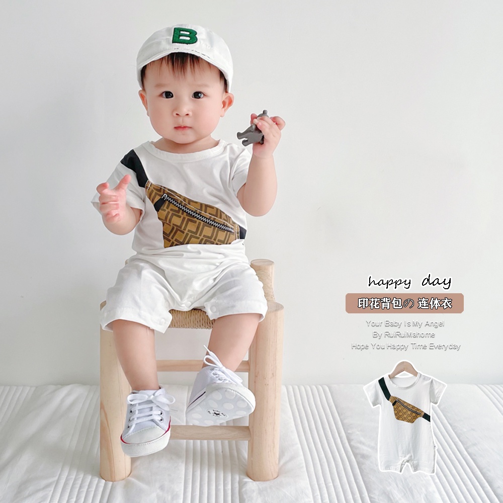 Bộ Áo Liền Quần Vải Cotton Tay Ngắn In Họa Tiết Dễ Thương Cho Bé Trai Sơ Sinh