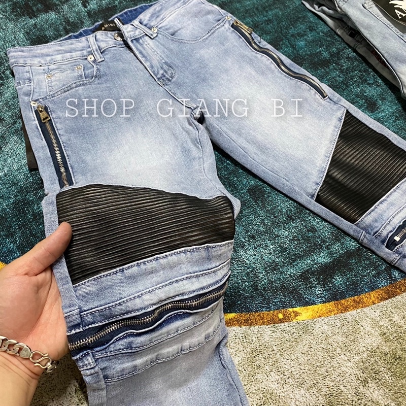 Quần jean vá da nhăn phối khoá dọc,quần bò vá nhăn phối khoá ngang