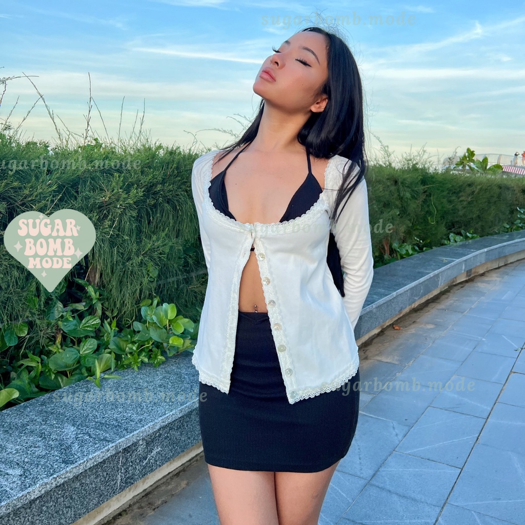 Áo Croptop Tay dài và cột dây  Ren Chân Váy Ngắn Đen Cột Eo Áo Ngực Bra Tôn Dáng Ôm Body  Đi Chơi Đi Du Lịch Đi Biển