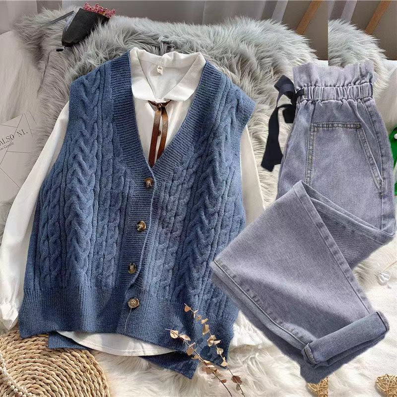 Set áo khoác ghi lê + áo sơ mi kèm quần jean lưng cao thời trang cho nữ