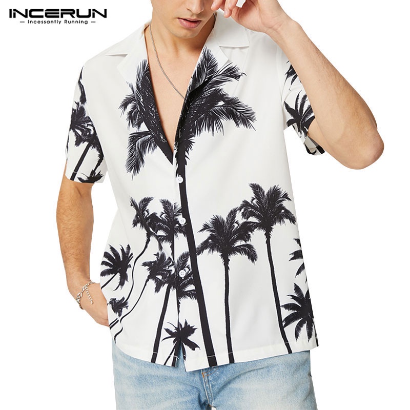 INCERUN Áo Sơ Mi Ngắn Tay In Họa Tiết Thời Trang Mùa Hè Dành Cho Nam