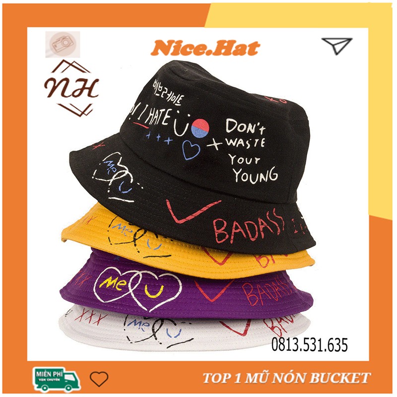 Mũ Bucket rộng vành họa tiết graffiti form unisex nam nữ - ẢNH THẬT - Nón tai bèo cao cấp M02