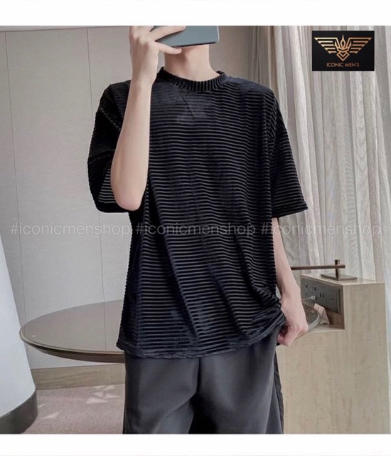 Áo thun nhung nam fom rộng sọc gân
