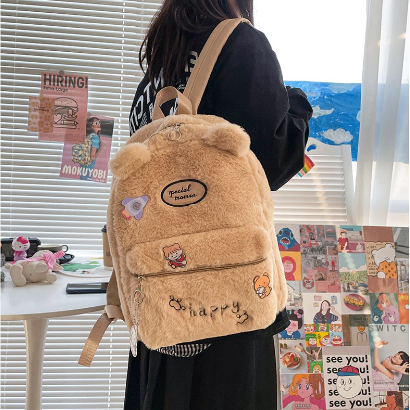 Balo mini nữ cấp 1 cute phong cách Hàn Quốc tai gấu, cặp lông trẻ em nhỏ gọn đi chơi thích thú