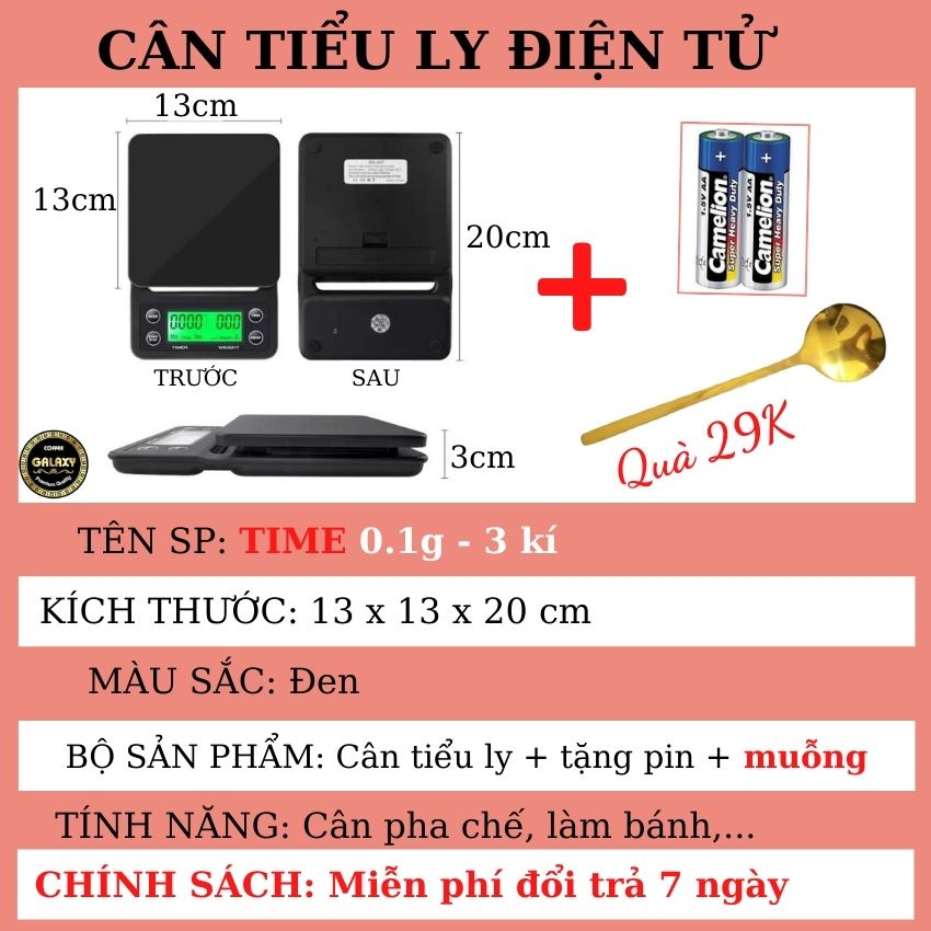 Cân tiểu ly điện tử nhà bếp mini định lượng 0.1g - 10kg, Cân tiểu li làm bánh độ chính xác cao kèm 2 viên pin AAA