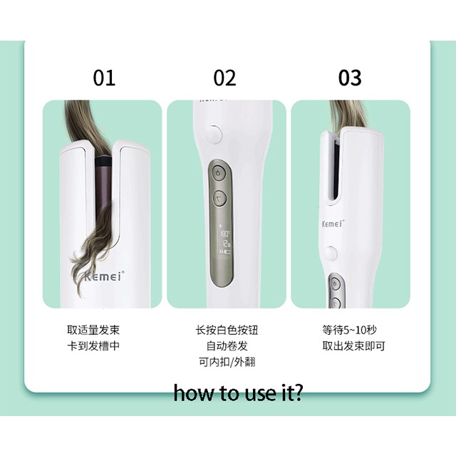Máy Uốn Tóc Kemei Xoay Tự Động Không Dây Tạo Kiểu Tóc Gợn Sóng Nhiệt Độ Điều Chỉnh Được