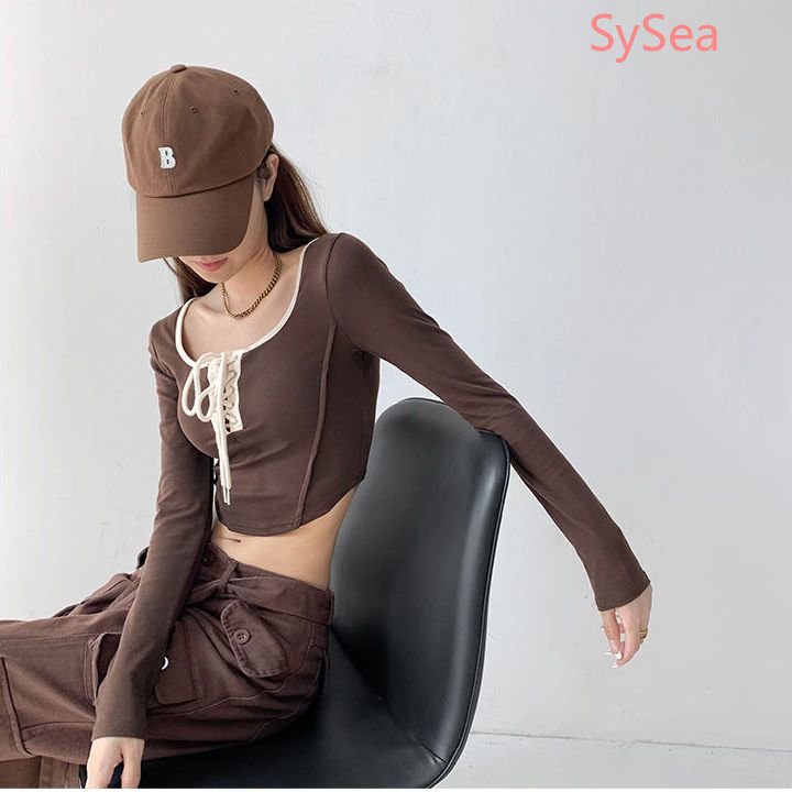 Áo Croptop Màu Trơn Phối Dây Rút Thời Trang Mùa Thu Cho Nữ
