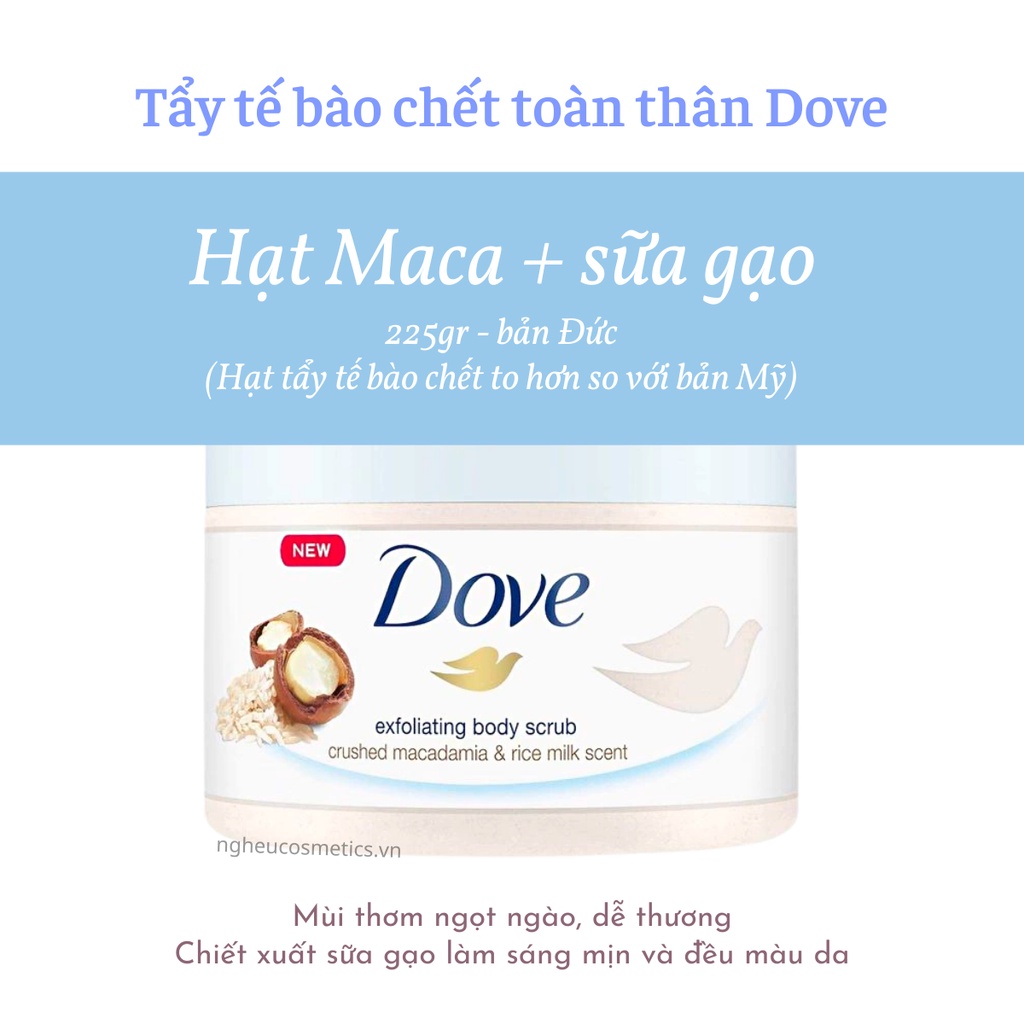 Tẩy Tế Bào Chết Dove Toàn Thân Làm Sạch Và Sáng Da Bản Đức và Mỹ Chính Hãng