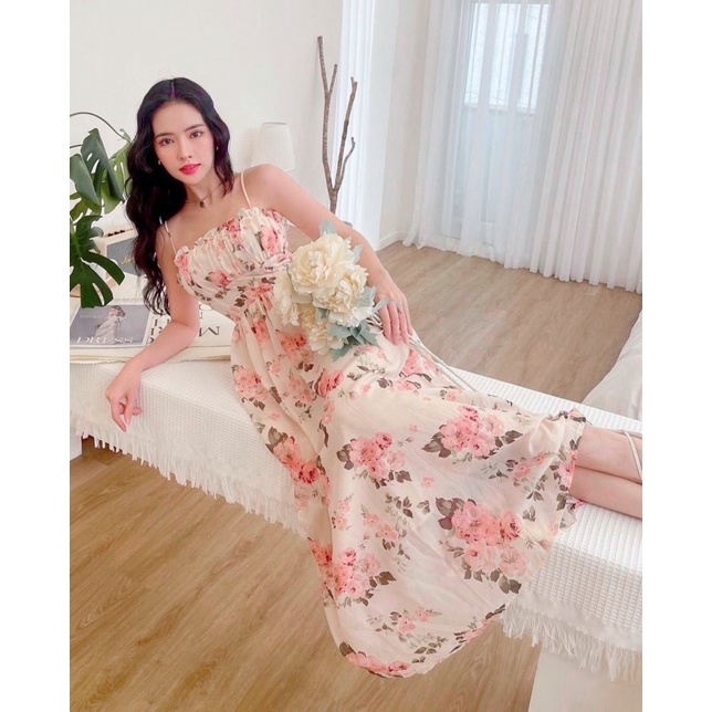(Mẫu mới) đầm hoa hồng nhạt 2s có mút ngực,hai lớp free size | BigBuy360 - bigbuy360.vn