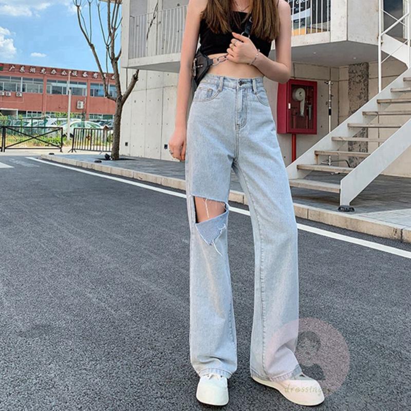 Quần Jeans Dài Lưng Cao Màu Sắc Trơn Dáng Rộng Dành Cho Nữ