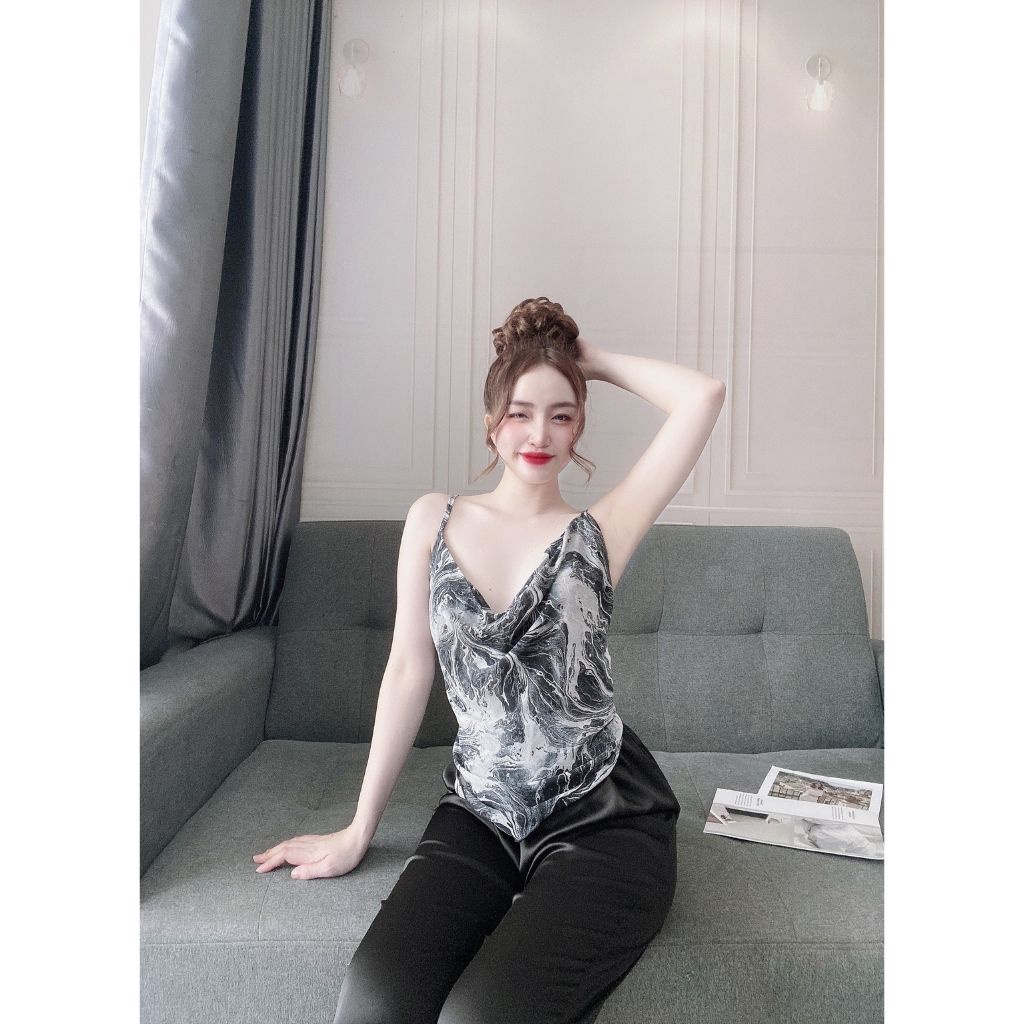 Đồ ngủ nữ sexy bộ lụa mặc nhà 2 dây quần dài cổ yếm đỗ gợi cảm chất lụa sation phối chiffon cao cấp