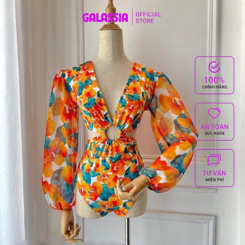 Đồ bơi nữ bikini 1 mảnh nữ liền thân tay dài khoét eo khoen tròn sexy thời trang du lịch cao cấp GALASSIA