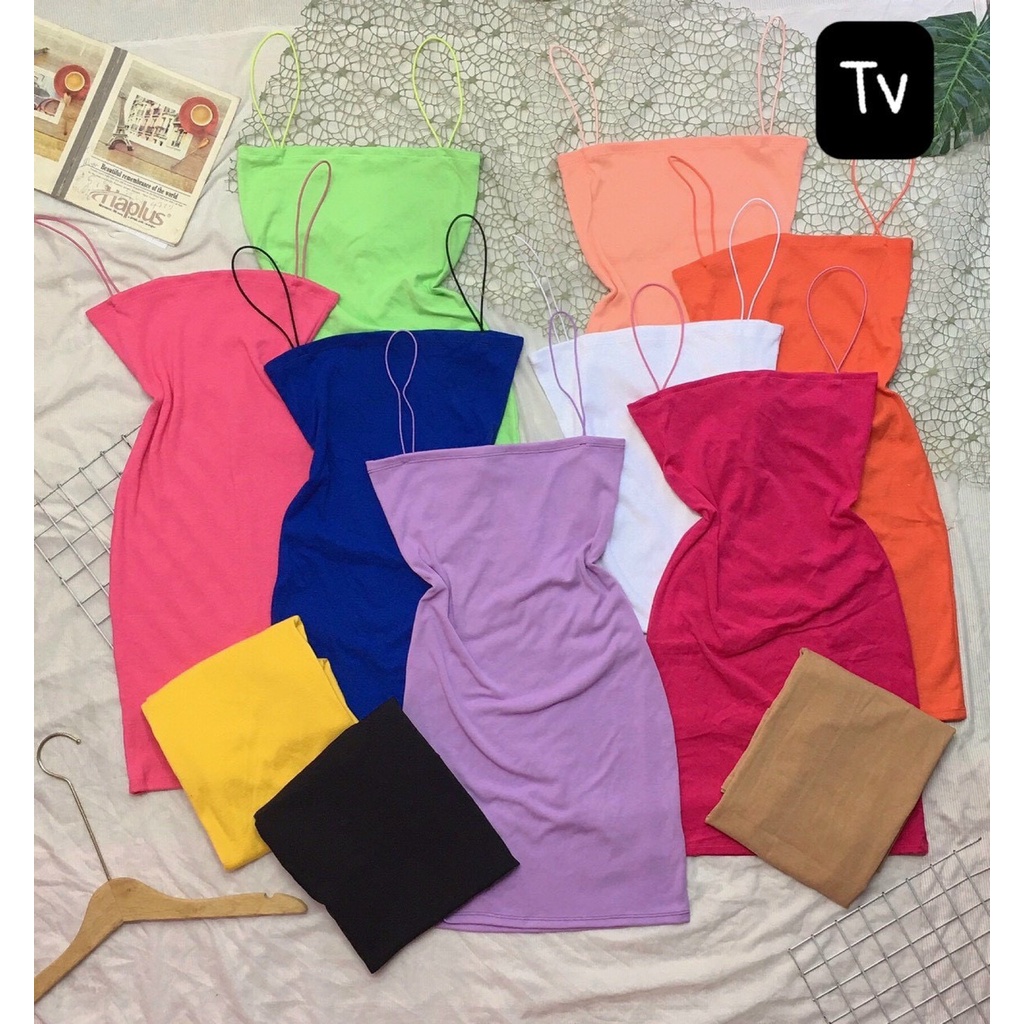 Đầm hai dây ôm body trơn cực hot tôn dáng  , chất thun bozip co giãn mềm mịn