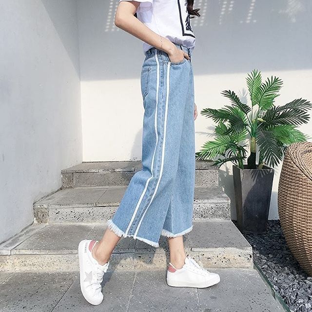 [Có sẵn]Quần jeans rộng chần viền trắng ulzzang