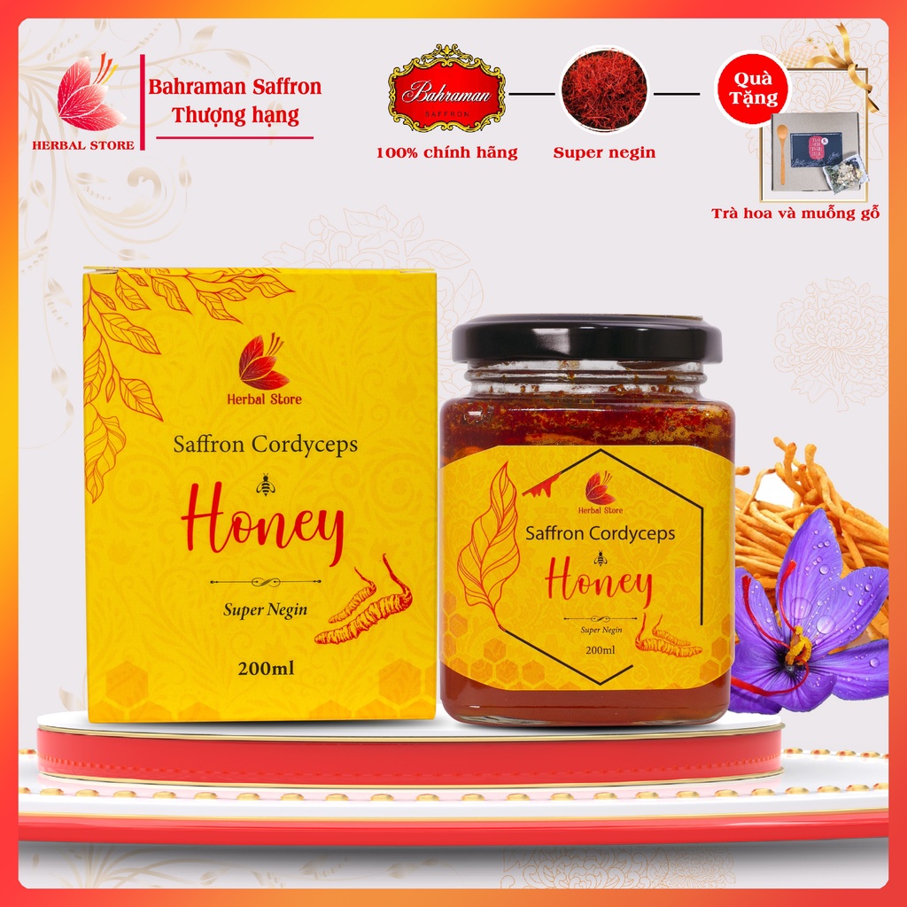 Mật ong Saffron Đông trùng hạ thảo, nhụy hoa nghệ tây ngâm mật ong loại super negin cao cấp