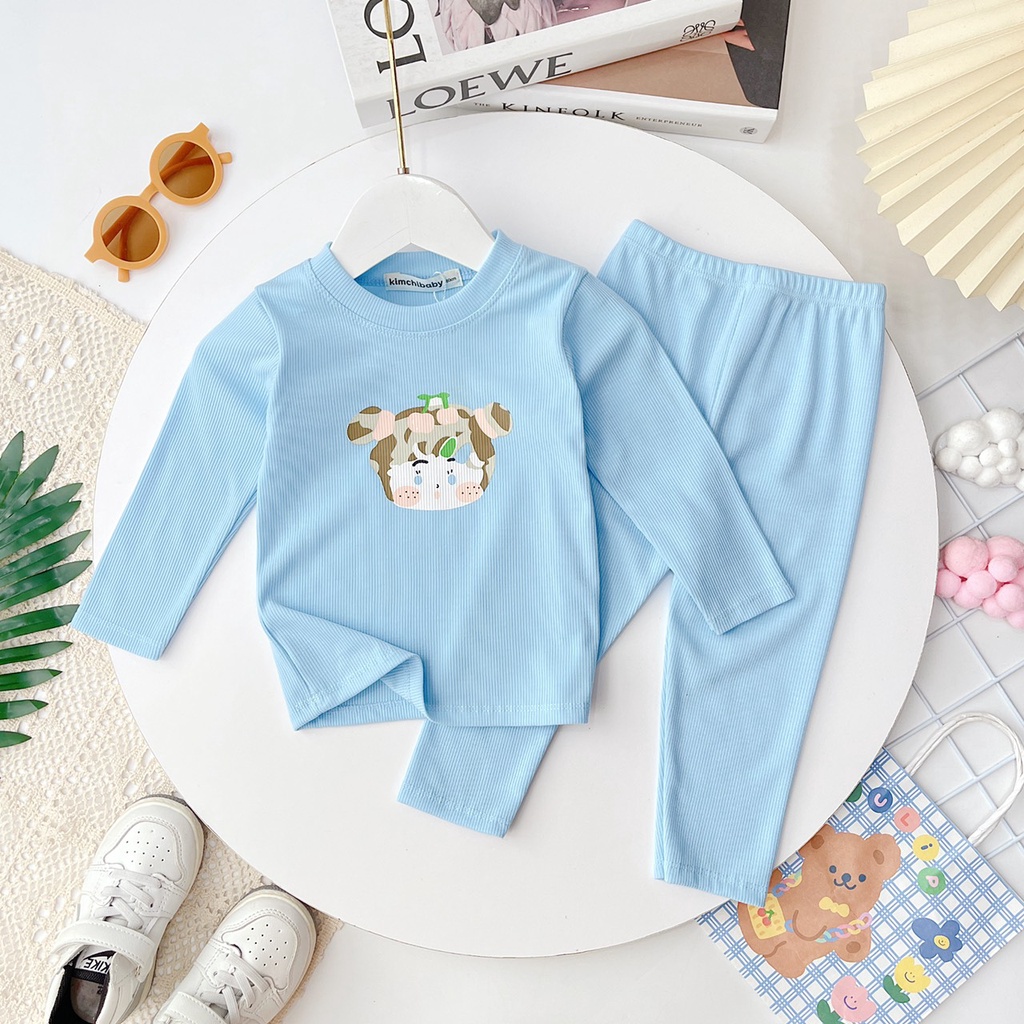Bộ Thun Gân Dài Tay Cho Bé Gái, Bé Trai Minky Mom Hoạ Tiết In Gấu, Bộ Quần Áo Cho Bé Mặc Nhà Thu Đông MKMTD2223