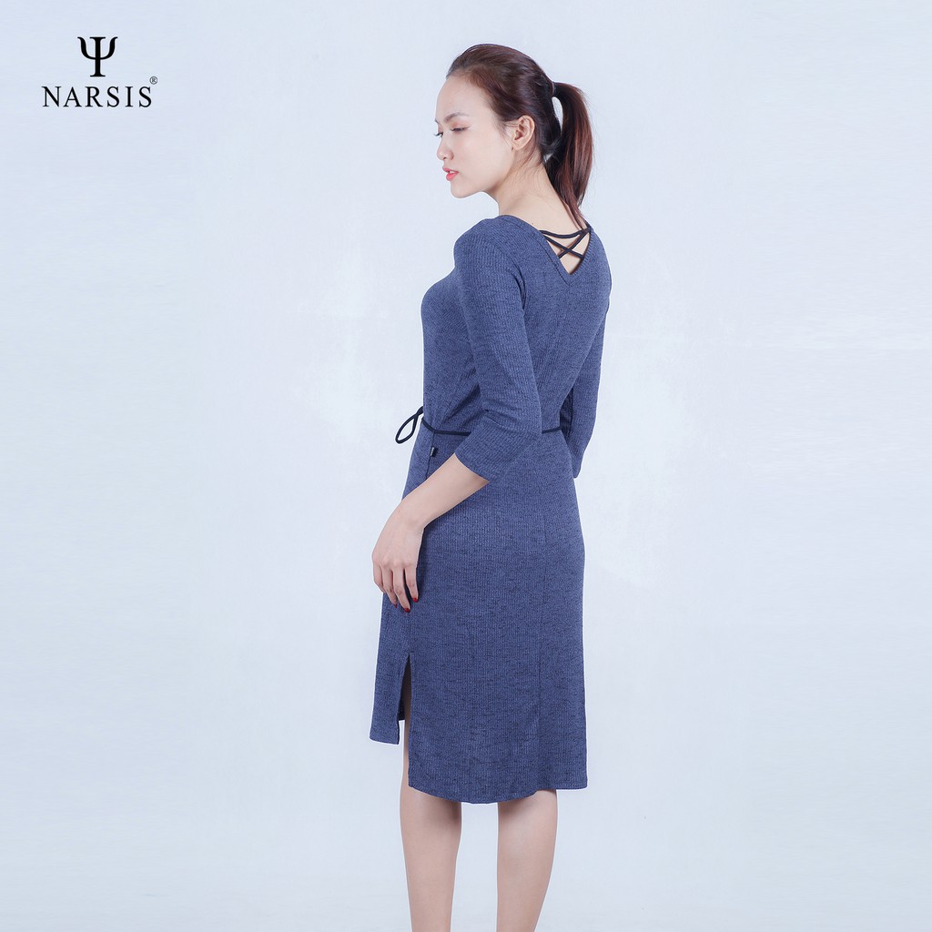 Váy nữ len xanh ghi phẩy xẻ tà Narsis B7015