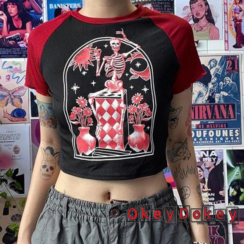 Áo Crop Top Nữ Tay Ngắn In Hình Đầu Lâu Phong Cách Punk Y2k