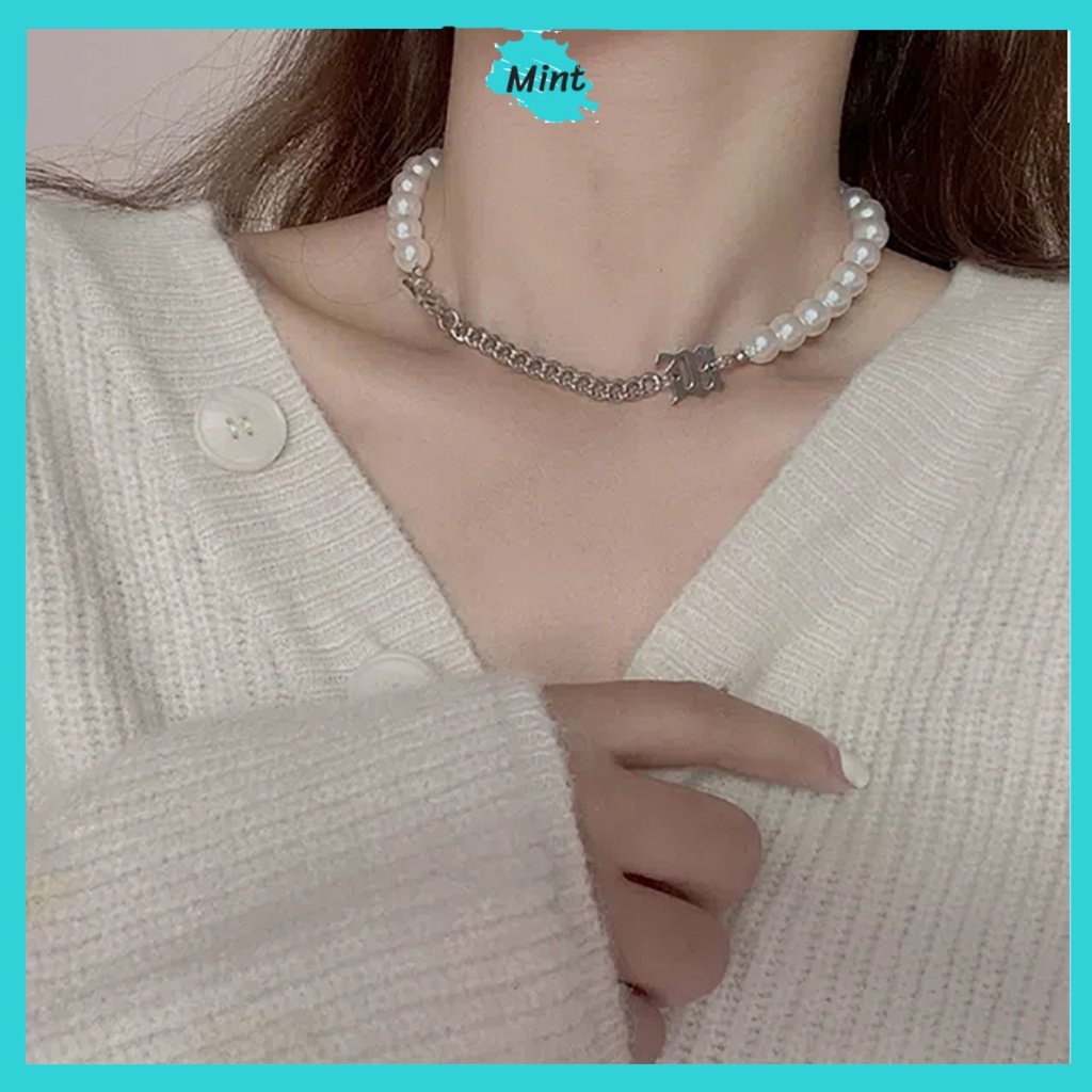 Vòng Cổ ❤️FREESHIP❤️ Dây Chuyền Cá Tính Chữ M Phối Xích Chuỗi Ngọc Trai Nhân Tạo Lớn Phong Cách Bohemian