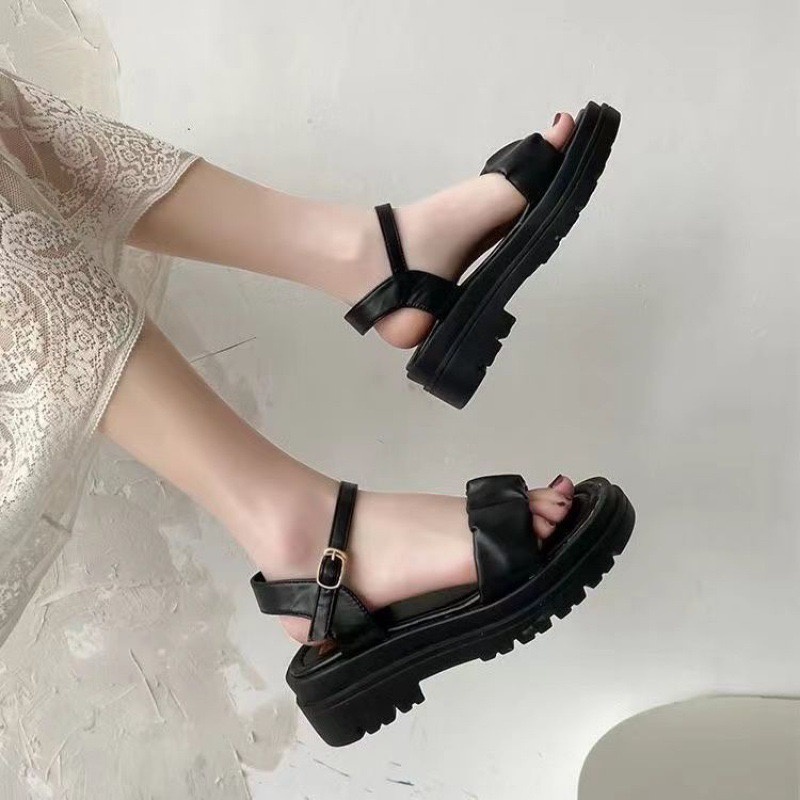 Sandal Nữ Ulzzang Vintage, Dép Quai Hậu Bản Ngang Nhún Đế Cao Su Chống Trơn PU Độn 5cm Quai Gài Hàn Quốc - Iclassy_shoes