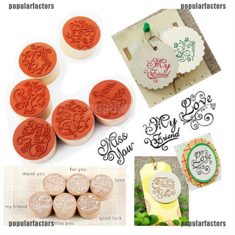 Bộ 6 khuôn đóng dấu tròn họa tiết chữ viết tay bằng gỗ tiện dụng