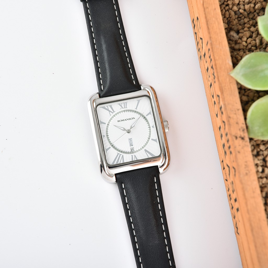 Đồng hồ Romanson Men Watch TL0353MWWH nam mặt chữ nhât kính chống xước, máy Thụy Sĩ chống nước dây da cao cấp chính hãng